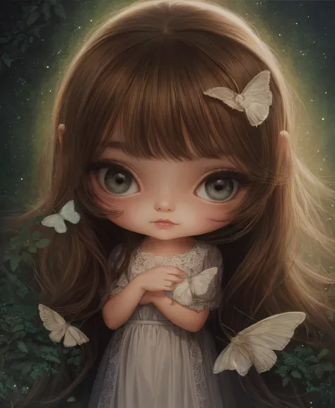 there's a little girl standing in the woods, muchas luciernagas iluminadas, tristeza, fantasy, adorable pintura digital, lindo a...