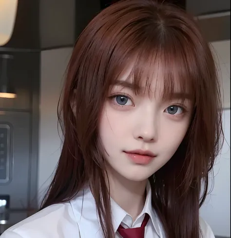 Red hair, long hair, straight hair, bangs, blue eyes, lab coat, white shirt, red tie, cheerful face