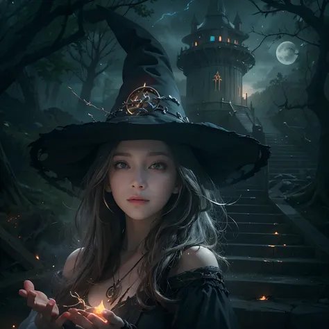 beautiful modern witch (witch hat), beautiful face and devil's eyes, face the camera gracefully, practice her spells、perform a r...