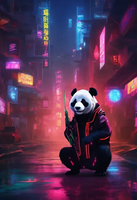 Panda holding bamboo embroidery in a dirty environment，His eyes glowed red with anger