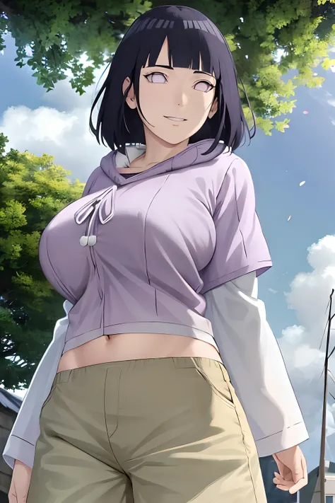 (Huge tits), busty, masterpiece, absurdres , (intricate details), (colorful),cinematic lighting,extremely detailed CG unity 8k wallpaper ,hinata(boruto), 1girl, solo, purple hoodie ,brown pants,layered sleeves, cowboy shot, looking at viewer,smile, outdoor...