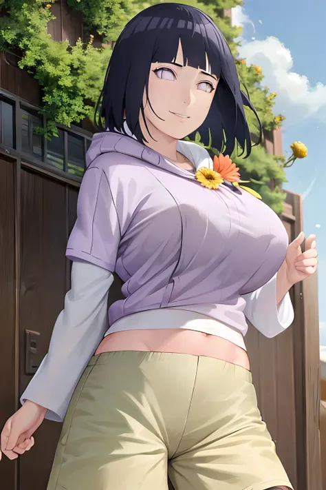 (Huge tits), busty, masterpiece, absurdres , (intricate details), (colorful),cinematic lighting,extremely detailed CG unity 8k wallpaper ,hinata(boruto), 1girl, solo, purple hoodie ,brown pants,layered sleeves, cowboy shot, looking at viewer,smile, outdoor...