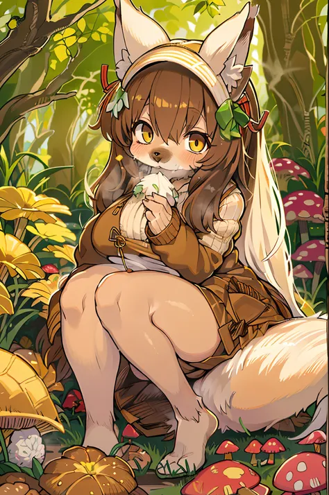 Fox, (Monster Girl), long brown ears with a dark brown inside,,,,,,, brown fur, Sunburned neck fluff, brown fluffy tail with a yellow-brown tip,,,,,,, Big brown eyes, wearing modest clothing, Sitting in the mushroom garden, masutepiece, Best Quality、autumn...