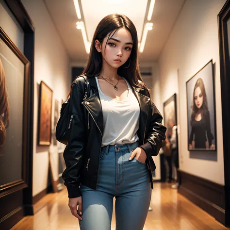 a young woman wearing casual fashionable clothes in a art gallary