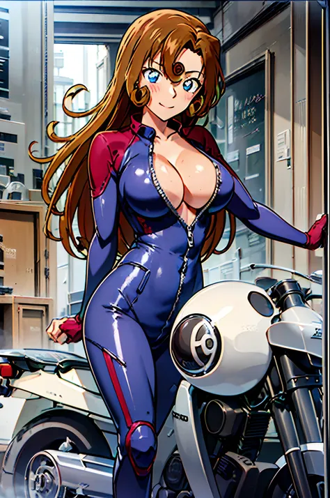 ultra detailed face, best quality, anime style, hires, digital blending, bold drawing lines, ((female biker), (slender body), ma...