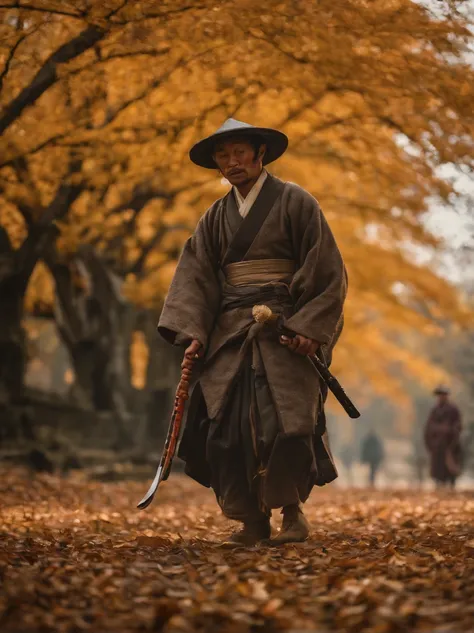 "(best quality,4k,8k,highres,masterpiece:1.2),ultra-detailed,realistic, HDR, autumn scene in Japan, flying autumn leaf, (broken, damaged, old) samurai armor, (kneeling, crouching) samurai, (falling, scattered) autumn leaves, (dirty, weathered) katana, (cra...