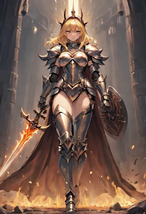 Knight in black armor, Female, large breasts, curvy body, hourglass figure, tattered cape, menacing, sinister, Face hidden away behind helmet, spiky armor, fully armored, cleavage showing, thick thighs, fierce eyes, Detailed armor, stern and cold, holding ...