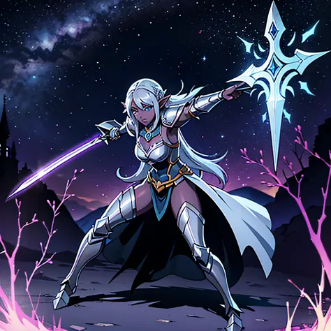 A female drow elf paladin of Eilistraee, has dark purple skin, elven blue eyes, silvery hair, wearing plate armor and a long sword, full body