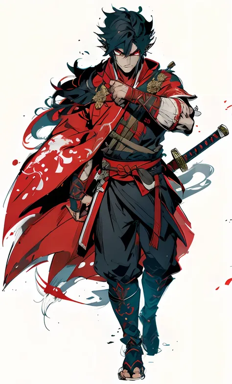 character with a red cape and sword in his hand, dark elf, samurai, angel, monk