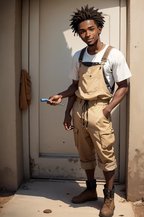 Full body, 25-year-old African ( Oral agent ) Dressed as a painter, handsome, Brown Eye, looking into the camera, He holds a paste tool in his hand, Smileing, In the background is a white wall