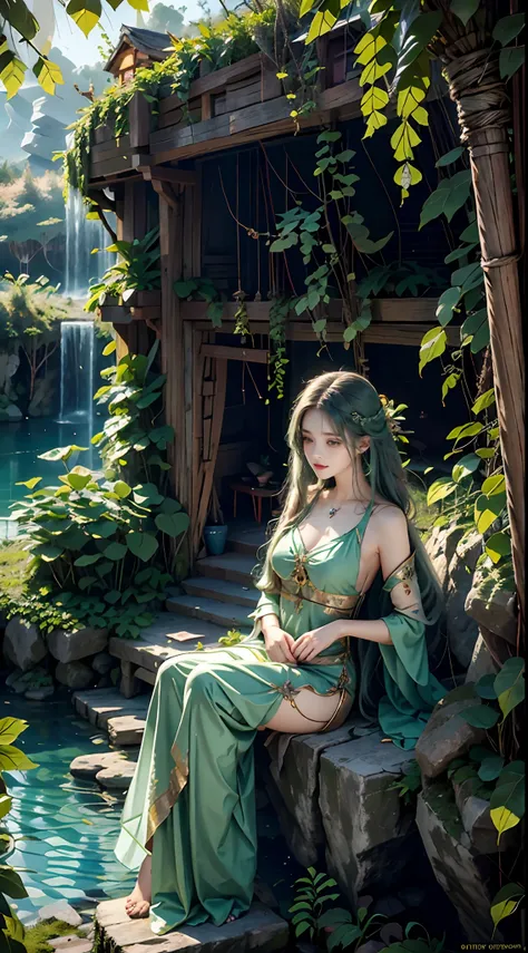 1 20-year-old girl, fairy princess, green clothes, nature clothes, nature panorama, sweet, beauty gril, twin sister.