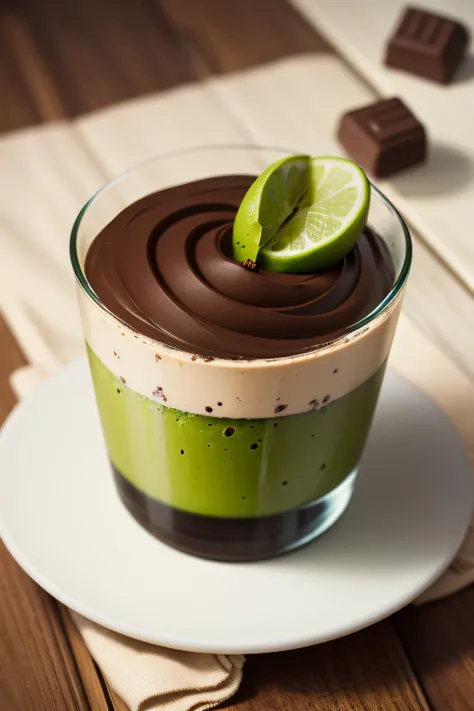 Create a photo of a vegan Avocado Mousse sweet with a smaller portion of Vegan Chocolate