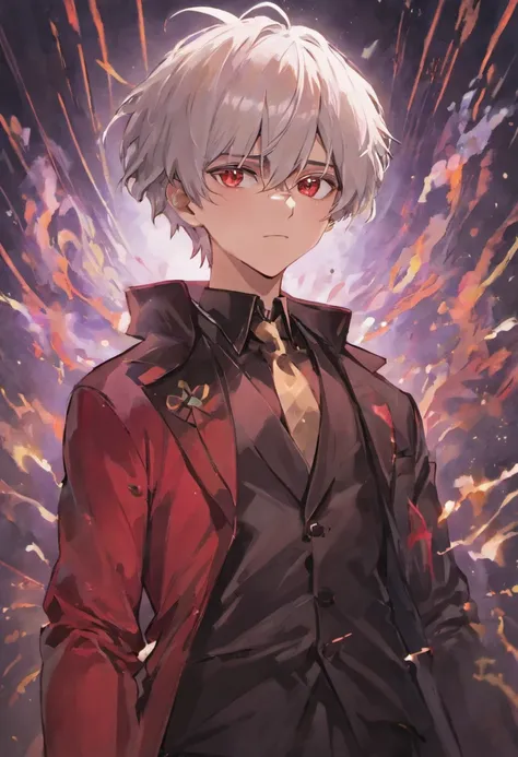 White hair，young  male，Black and red suit，Cool white skin，whaite hair，magister