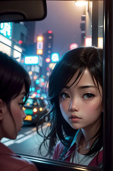 Lost in Tokyo, movie stills, a girl in a car, looking through the window, street lights reflected on the window