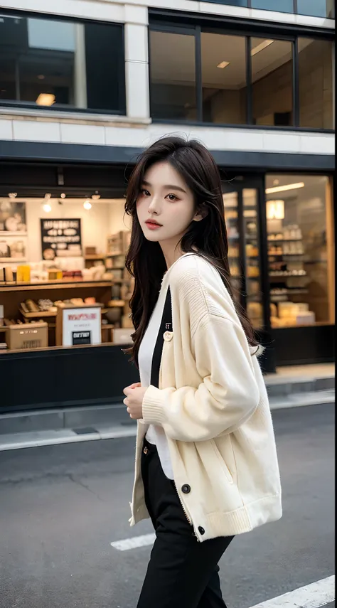 ​masterpiece、top-quality)、1 beutiful girl、Slim body、((Black and white plain clothes:1.1))、(Detailed beautiful eyes)、Walk around the store、((Boyish Brown Medium Hair))、((Smaller face))、((Neutral face))、((Face seen from the side))、((Light brown eyes))、((Kore...