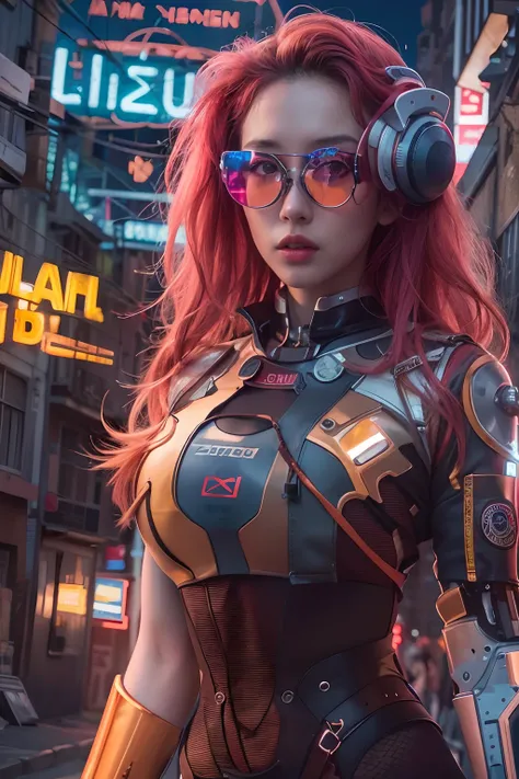 masutepiece, Dystopian city with neon signs and holograms projected on buildings and sky, Beautiful Dutch woman with huge chest and robot arm, lip stick, Yellow Virtual Reality Glasses, long straight red hair, Night, cyberpunk aesthetic, Highly detailed li...