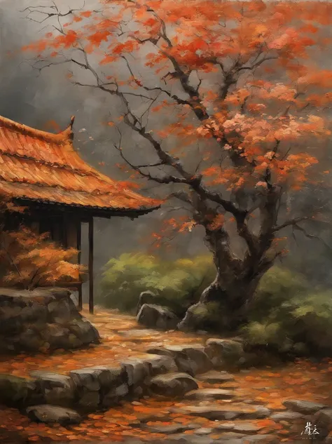 "(best quality,4k,8k,highres,masterpiece:1.2),ultra-detailed,realistic, HDR, autumn scene in Japan, flying autumn leaf, (broken, damaged, old) samurai armor, (kneeling, crouching) samurai, (falling, scattered) autumn leaves, (dirty, weathered) katana, (cra...