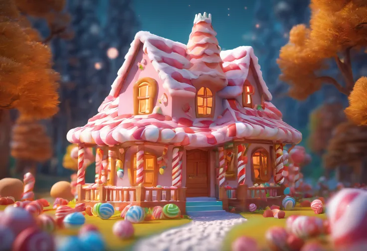 candy house in middle of the forest, gingerbread, sweet house, candy world, marshmallow , generative by AI