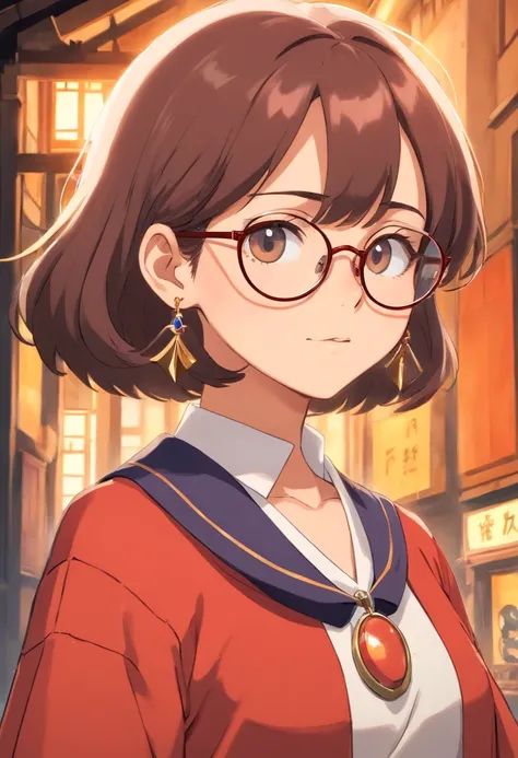 A girl wearing an anime collar, A long necklace and earrings, A pair of glasses in one hand，Honest portrayal