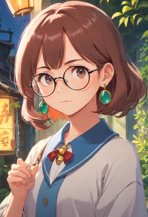 A girl wearing an anime collar, A long necklace and earrings, A pair of glasses in one hand，Honest portrayal