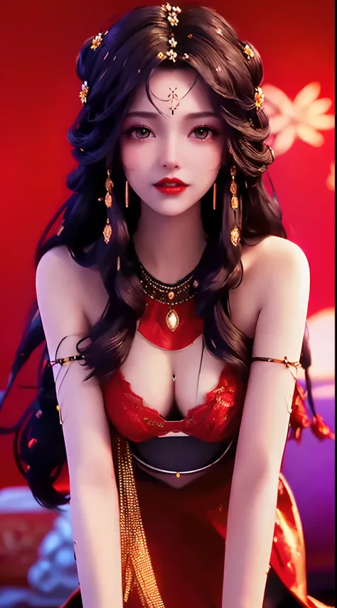 1 beautiful and sexy 20-year-old girl, adult, ((wearing a red push-up bra with black trim and low-cut chest:1.6)), dress with diamonds, ((long purple-black hair:1.6)) , bangs, elaborate jewelry made from gems and beautiful hair, ((wearing a black lace neck...