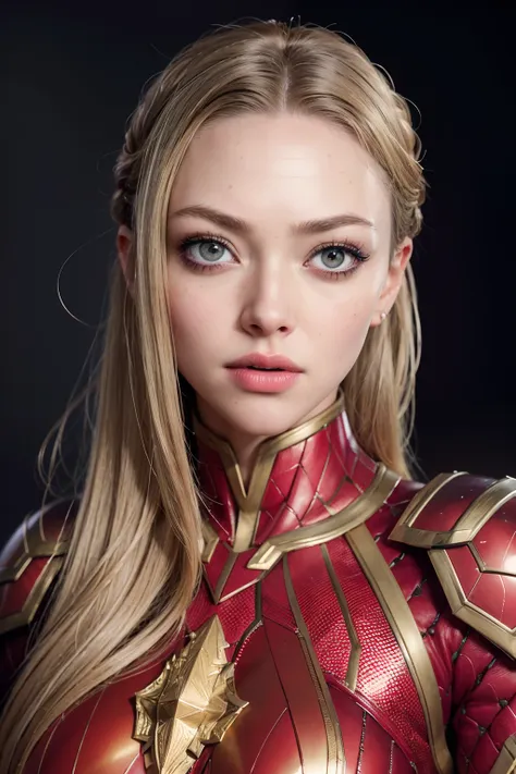 amanda seyfried as a superhero, wearing gold and red superhero armor,  glowing lights, (dynamic pose), (hyper realistic:1.4), (r...