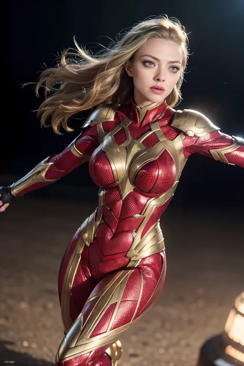 amanda seyfried as a superhero, wearing gold and red superhero armor,  glowing lights, (dynamic pose), (hyper realistic:1.4), (r...