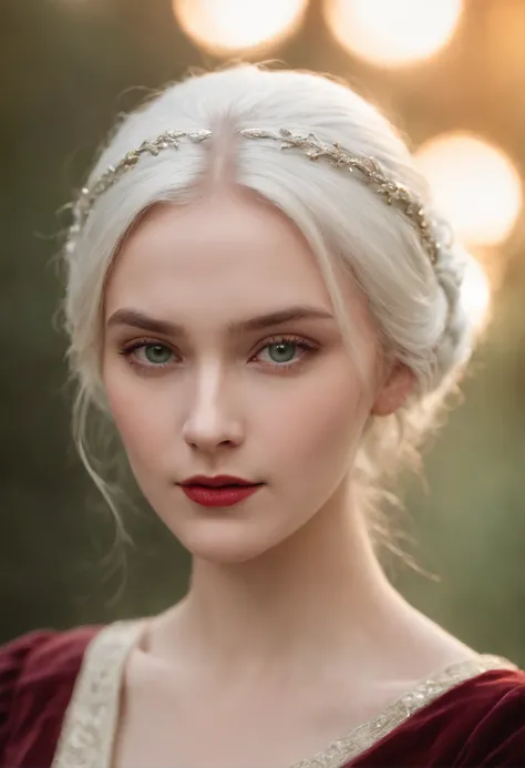 (((a deep reddish wound crosses her left cheek))) fair complexion, woman around 19 years old, natural white hair, distinctive green eyes, wearing kohl, slender and graceful, beautiful, candlelight in a medieval setting, ultra sharp focus, realistic shot, m...