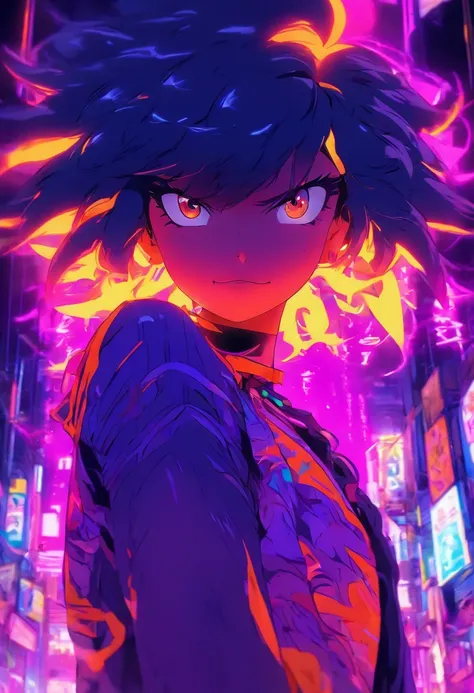 chica anime pelo rizado flouresente brillante, Color Purple Neon Orange Neon Neon