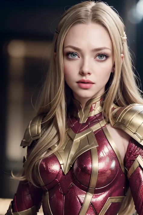 amanda seyfried as a superhero, wearing gold and red superhero armor,  glowing lights, (superhero pose), (hyper realistic:1.4), ...