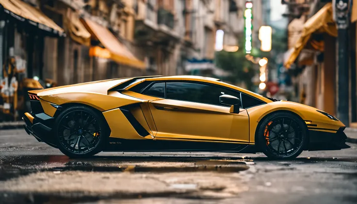 Um close up de um carro Lamborghini estacionado em uma rua da cidade, wallpaper mobile, cinematic poster, papel de parede do telefone, como matriz, cartaz motivacional,cor preta lamborghini carro,  money raining from the sky,cinematic wallpaper 4k, cinemat...