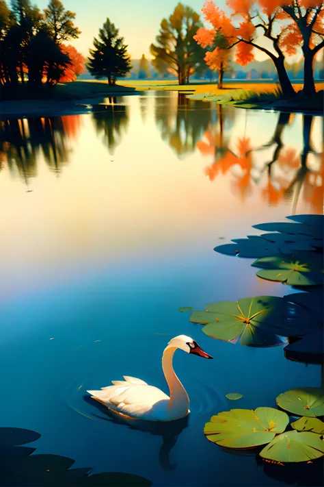 A painting of a swan in a pond, springtime, midday light.