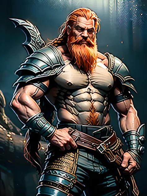 An adult male dwarf, shoulder length braided red hair and beard, looks like Morgan Freeman, 3/4 view, bare-chested, confident, cocky grin, staring at camera, holding a glaive over shoulder, left hand giving thumbs up, bear skin armored skirt, dark undergro...