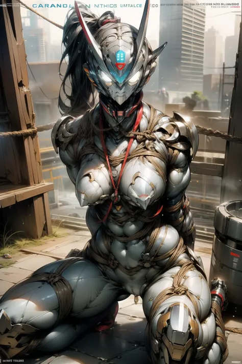 (Magazine Cover:1.4),Bold text,（masterpiece、8K、Ultra-delicate、hight resolution），(((Female Ultraman)))，(((No muscles，large Boob))),erected nipples，(her head is tapering,The body is made of red and silver，blue armor,The arms present a streamlined design，On t...