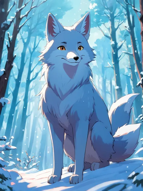 silver fox in the winter forest, cool colors,