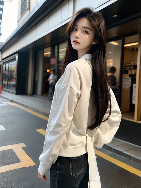 ​masterpiece、top-quality)、1 beutiful girl、Slim body、((Black and white plain clothes:1.1))、(Detailed beautiful eyes)、Walk around the store、((Boyish Brown Medium Hair))、((Smaller face))、((Neutral face))、((Face seen from the side))、((Light brown eyes))、((Kore...