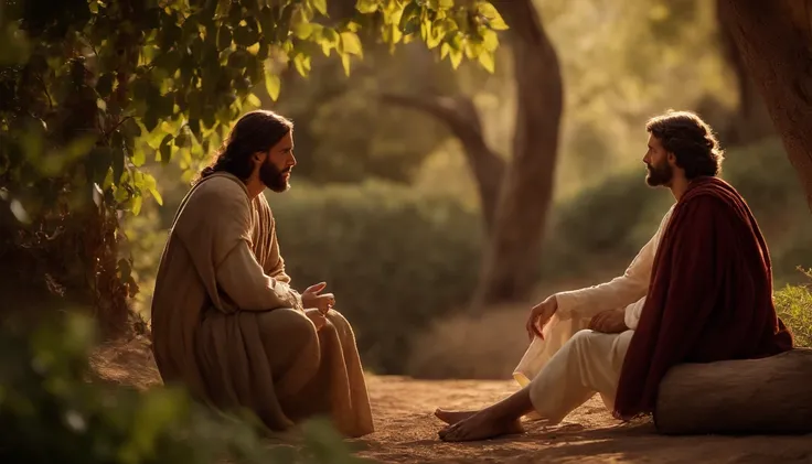 jesus conversando com um homem jovem. are under fig trees. His name is Nathaniel, Biblical character