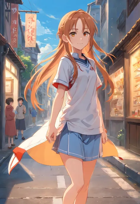 asuna, masterpiece, best quality, detailed, (1tomboy), solo, detailed  browns eyes, short hockey hait, light smile, medium breasts,  (arms behind back), wearing boy autfit, casual clothes, standing on the streets