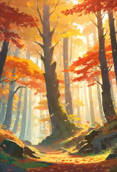 best quality,ultra-detailed,realistic,landscape,autumn,beautiful warm colors,sunlight streaming through trees,vibrant foliage,tranquil atmosphere,crisp air,subtle mist,fallen leaves covering the ground,rays of sunlight peeking through the canopy,dappled li...