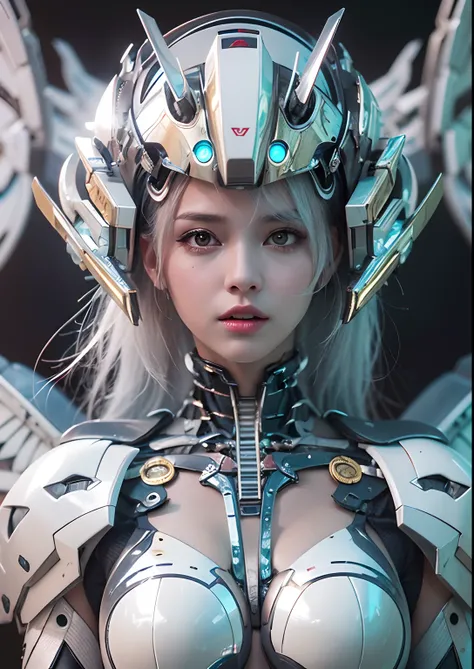 top-quality、​masterpiece、超A high resolution、(Photorealsitic:1.4)、Raw photo、Battle Cyborg Angel、large wings made of metal、White porcelain body、Acrylic Clear Cover、white hair、glowy skin、1 Cyborg Girl、((super realistic details))、portlate、globalillumination、Sh...