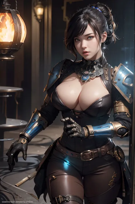 (female), A robot, burly muscular, dazzling, mechanical fists clenched, chest shining blue. In addition to the anger, the real scenery is mixed in, and the shooting style is like a blockbuster movie. All elemental coordinates are lit, including metallic te...