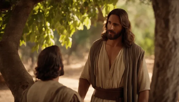 jesus conversando com um homem jovem. are under fig trees. His name is Nathaniel, Biblical character