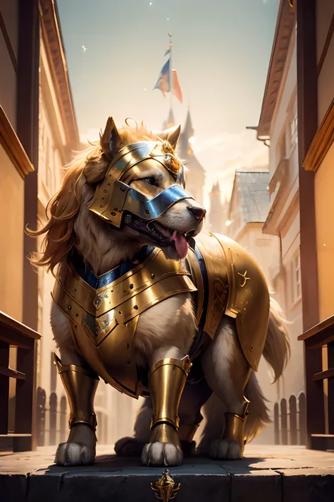 golden retriever dog, Detailed Golden Retriever, Beautiful Golden Retriever, Blue Armor Placa, Metal Armor Placa, Shiny Armor Placa, Fantasy Scene, Vibrant Fantasy Scene, Lush Fantasy Scene, Enchanting Fantasy Scene, Magical Fantasy Scene, Mystical Fantasy...