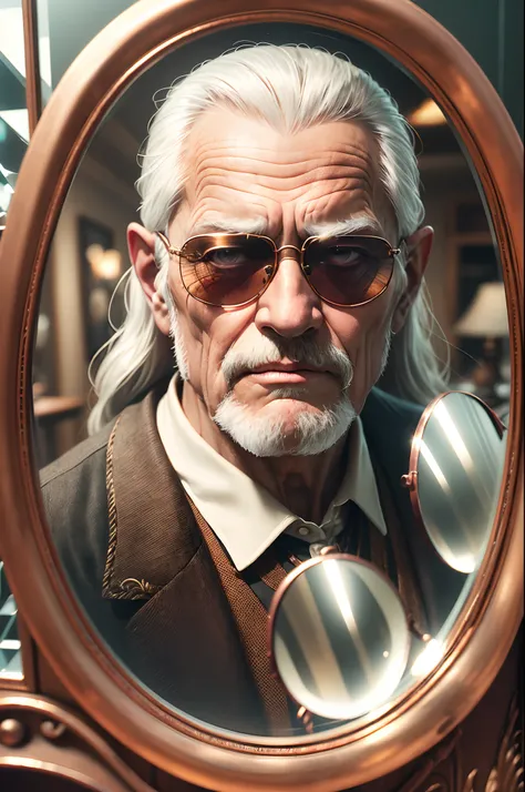 (fashionable old man:1.1),(wearing sunglasses),(looking into a mirror),(antique shop),(best quality:1.2),HD,32k,(ultra-detailed),(realistic:1.37),(vivid colors),(portrait),(old-fashioned),(retro),(reflective surface),(antique items),(dimly lit),(soft light...