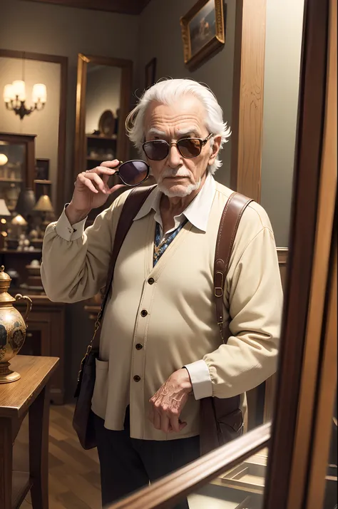 A fashionable old man is wearing sunglasses and looking into a mirror in an antique shop, high details, HD, 32k --ar 3:4 50 --niji 5 --s 2