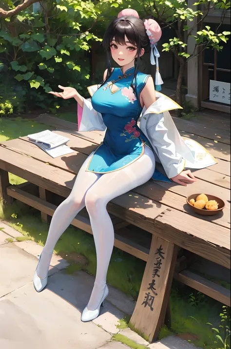 Masterpiece, best, 1 female, blue clothes, blue cheongsam, full body photo, ancient Chinese style, white cloth bun bun, black hair, shoulders, big breasts, slender legs, smile, white pantyhose, pantyhose lace side, white underwear, pale pink lips, embroide...