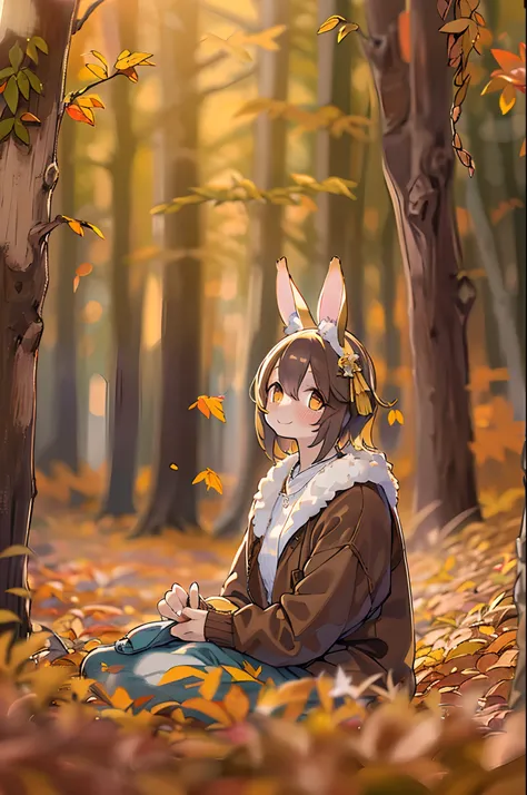 Beautiful Girl, (((((Small)))), face showing,, Short hair, brown, 8K, Professional Photography, Delicate, Clear, In the forest in autumn, Sun, light  leaks, masutepiece, (Beautiful)))), (reality)))), Smile, Fantastic, Rabbit ears, 年轻