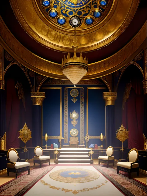 Arafeds room，There is a clock and a painting on the wall, stunning arcanum backdrop, inside a grand ornate room, exquisitely designed throne room, gothic mansion room, Large-scale photos, dark majestic ornate great hall, Masonic art, rotunda, Throne Room, ...