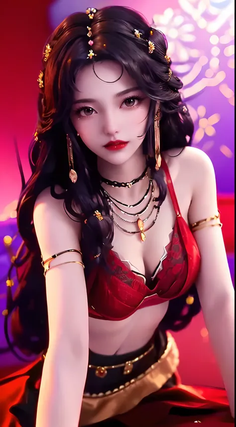 1 beautiful and sexy 20-year-old girl, adult, ((wearing a red push-up bra with black trim and low-cut chest:1.6)), dress with diamonds, ((long purple-black hair:1.6)) , bangs, elaborate jewelry made from gems and beautiful hair, ((wearing a black lace neck...