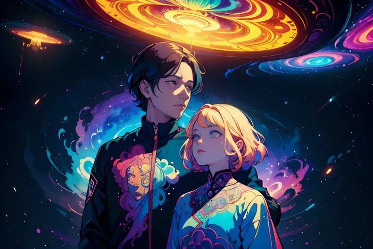 a psykedelic scene of a man and a girl watching a honey-colored ufo flying above, vibrant and surreal, matte, concept art, dreamcore, psychedelia, cosmic, sharp, textures and depths, 8k, UHD, intricate details, by Hsiao Ron Cheng and James Jean and Victo N...